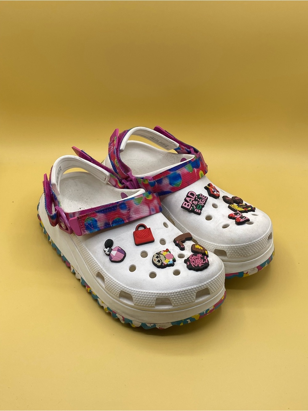 CROCS Kids White Clogs with Pink Tie-Dye Strap and Multicolor Jibbitz - Picture 1 of 5